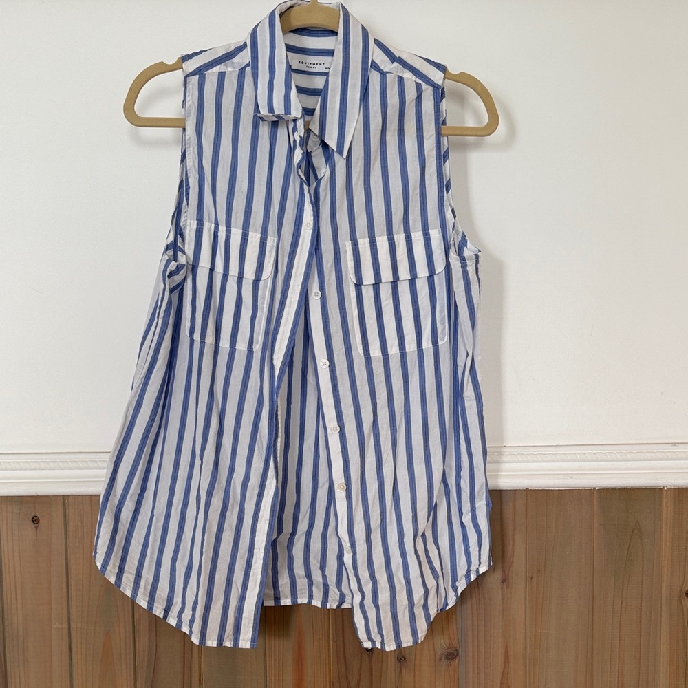 Equipment Blue and White Striped Sleeveless Shirt